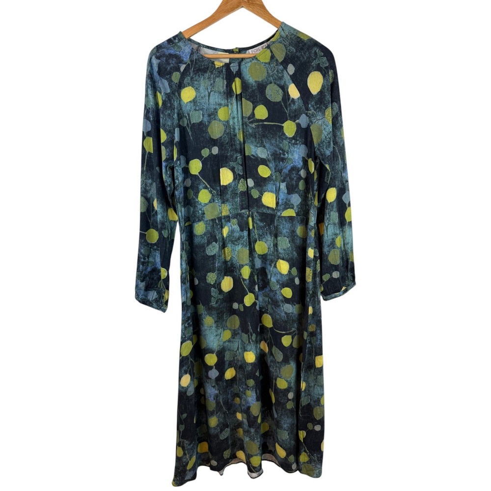 FOIL Abstract Print Midi Dress Blue Green Long Sleeve Art to Wear Boho Earthy 6